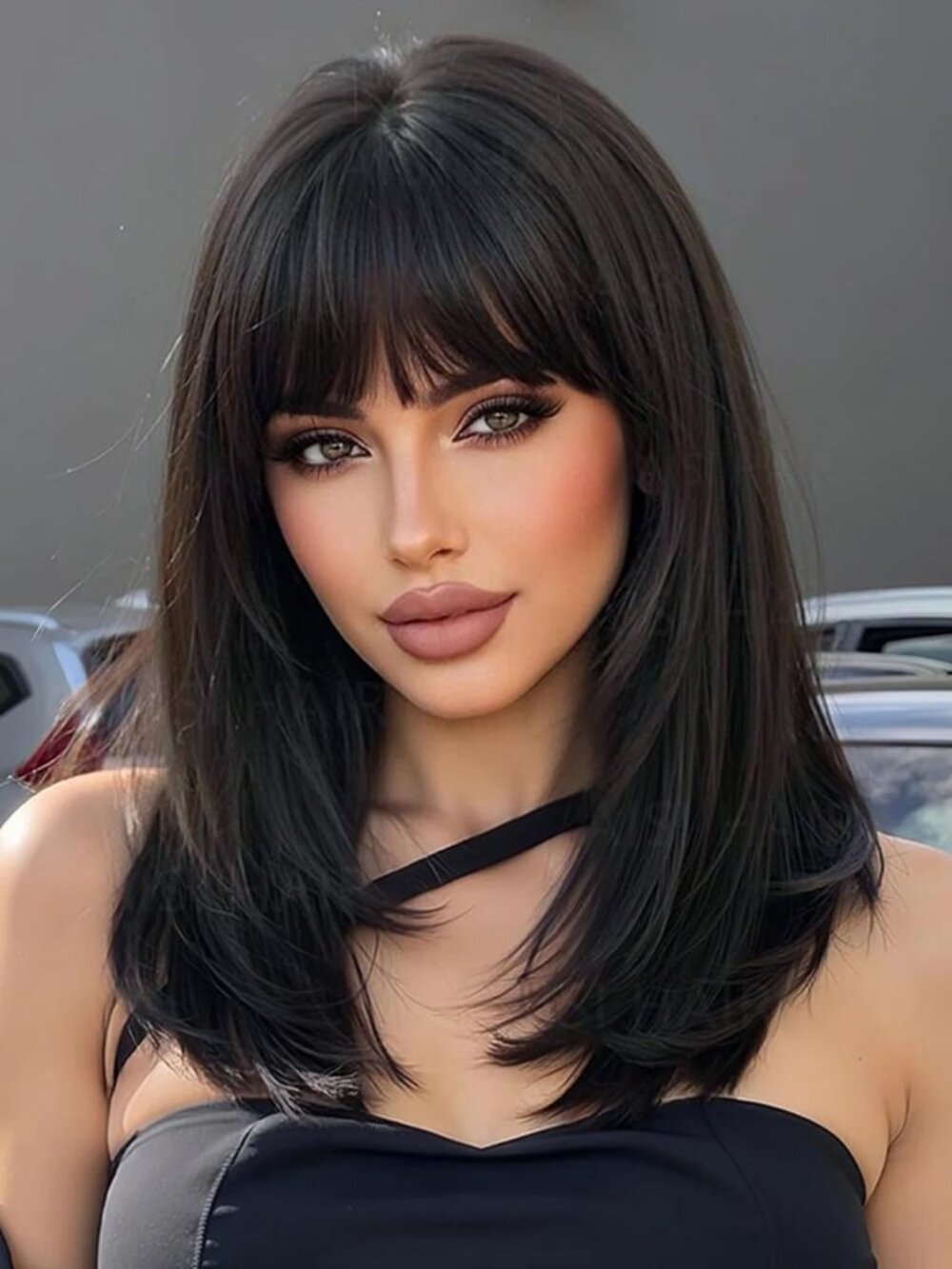 Women's Natural Black Heat Resistant Middle Length Natural Layered Straight Wig